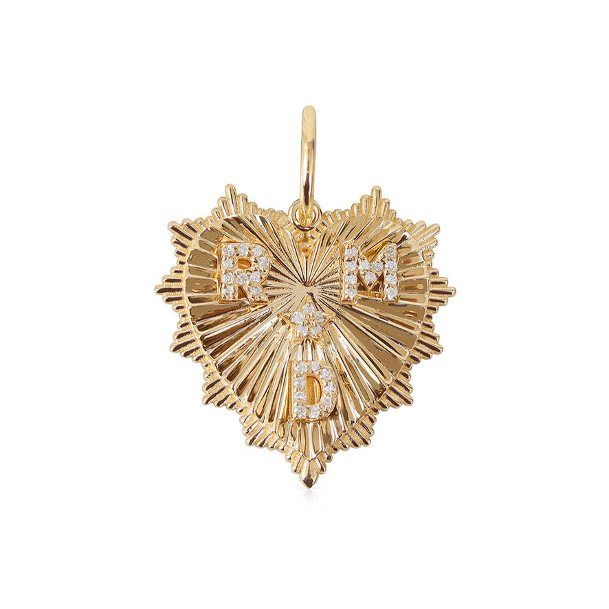 14K GOLD FLUTED HEART CHARM 30MM WITH 3 INITIALS