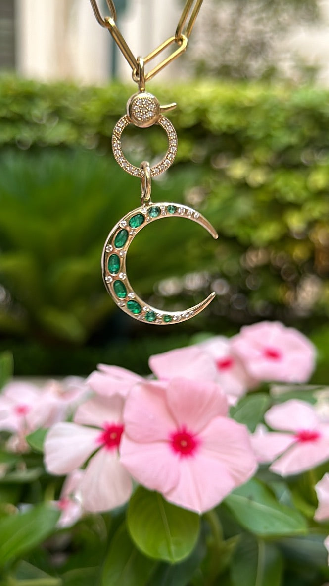 DIAMOND AND EMERALD CRESCENT MOON PENDANT