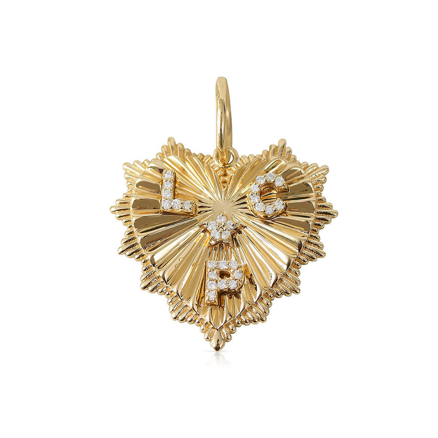 14K GOLD FLUTED HEART CHARM 30MM WITH 3 INITIALS