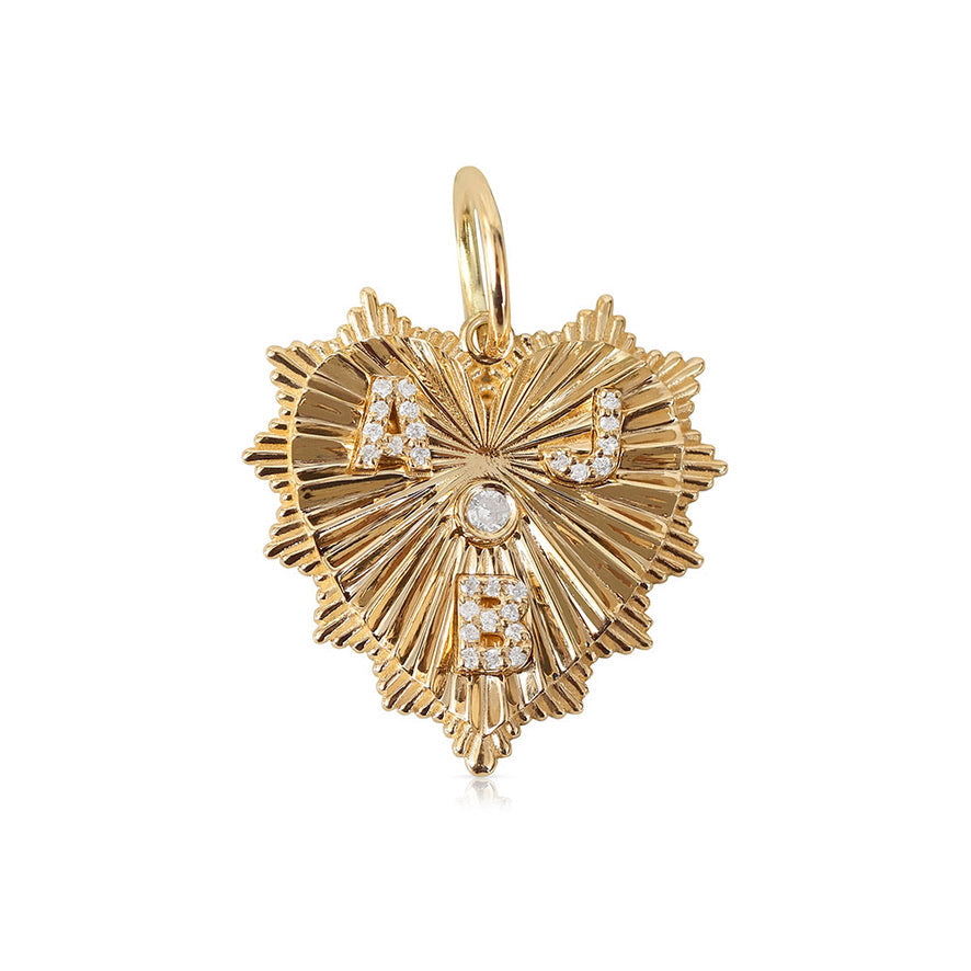 14K GOLD FLUTED HEART CHARM 30MM WITH 3 INITIALS