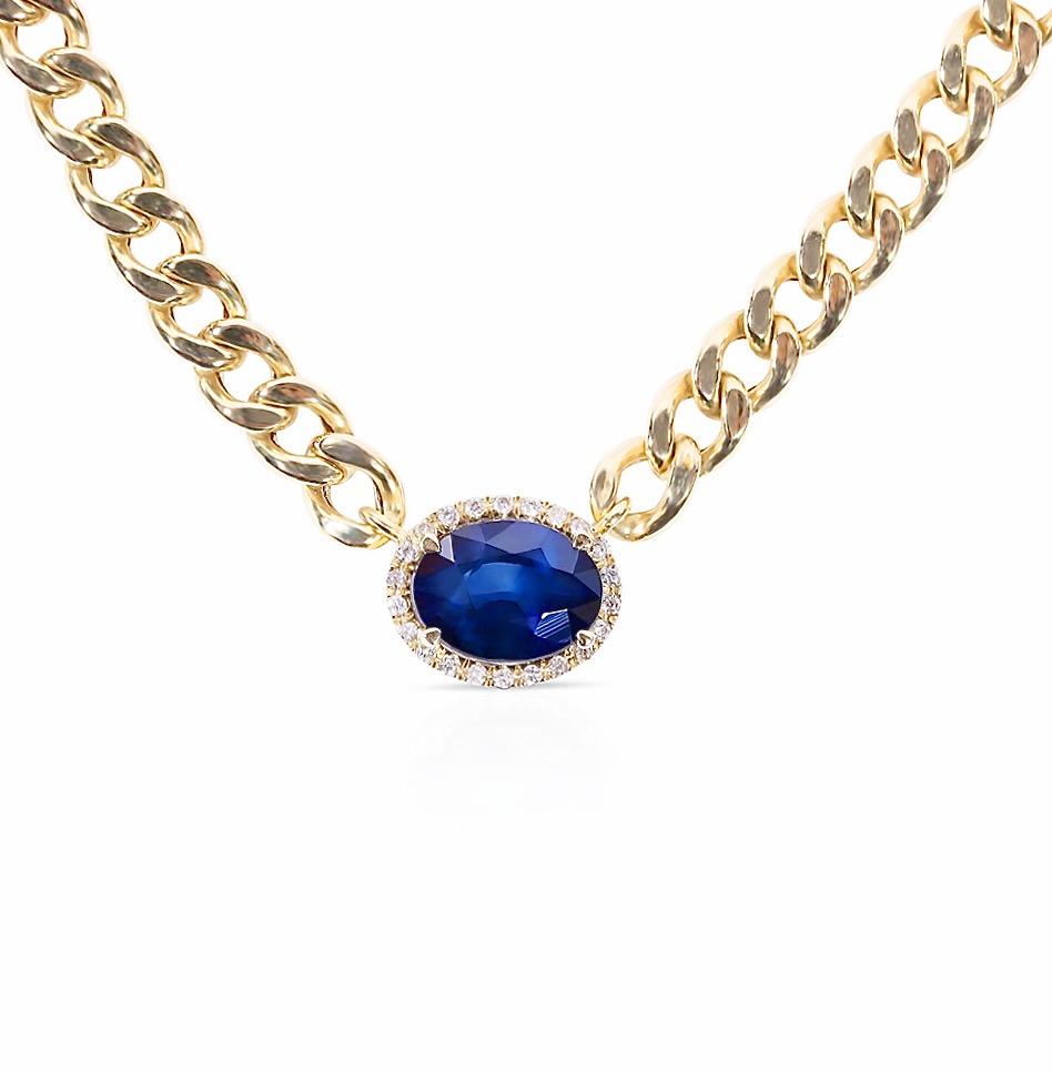 14K GOLD BLUE SAPPHIRE & DIAMOND CUBAN LINK NECKLACE