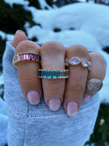 BLUE AND PINK OMBRE EMERALD CUT ETERNITY BAND WITH MOONSTONE BAND AND PAVE DIAMOND SIGNET RING