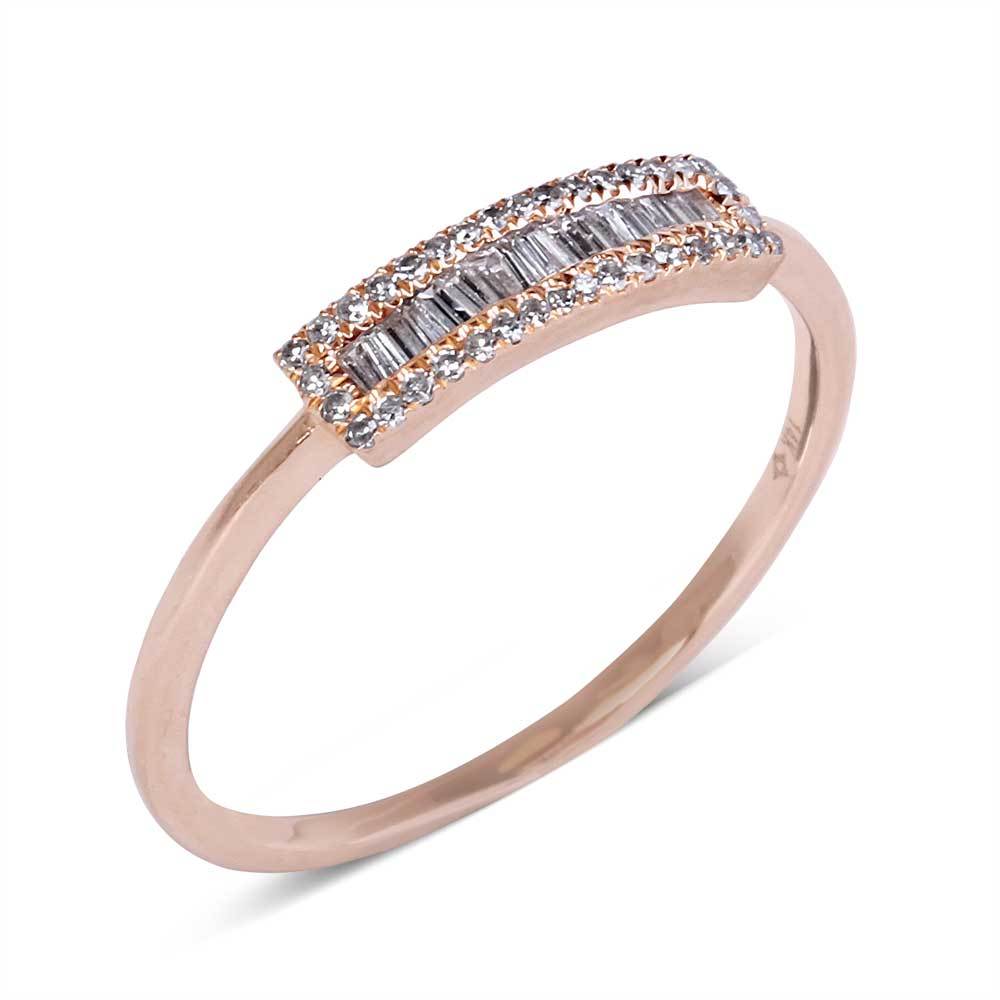 Gold and Baguette Diamond Ring with Pave Diamond Border  