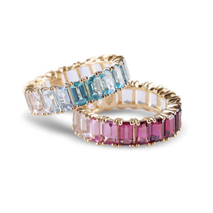 BLUE AND PINK OMBRE TOPAZ EMERALD CUT ETERNITY BAND