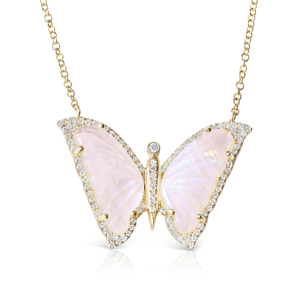 14K GOLD MOONSTONE AND DIAMOND BUTTERFLY NECKLACE