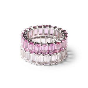 WHITE TOPAZ AND PINK SAPPHIRE EMERALD CUT ETERNITY BANDS