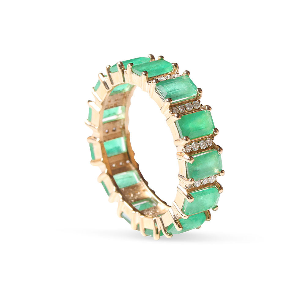 GREEN EMERALD AND DIAMOND EMERALD CUT ETERNITY BAND