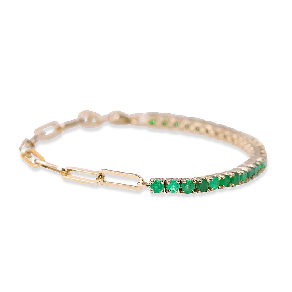 HALF EMERALD TENNIS AND PAPERCLIP CHAIN BRACELET