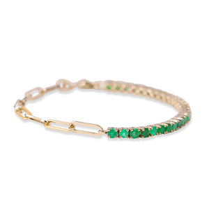 HALF EMERALD TENNIS AND PAPERCLIP CHAIN BRACELET