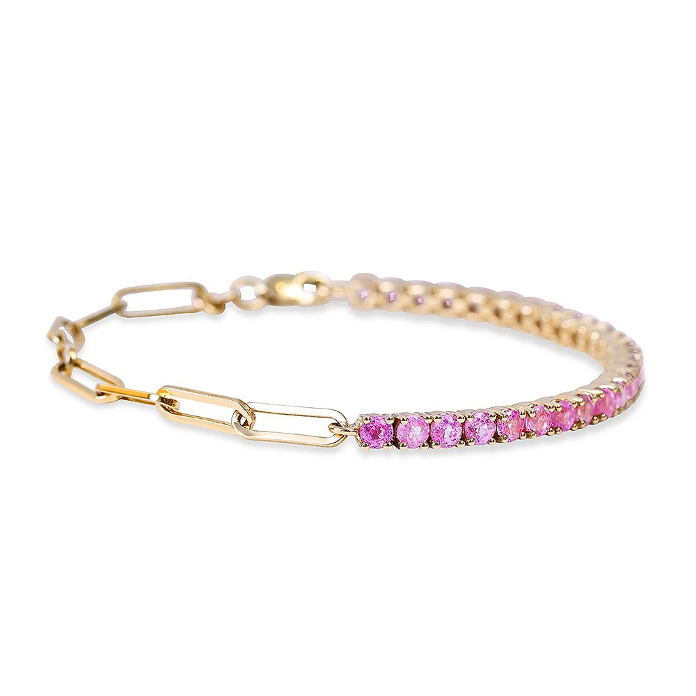 HALF PINK SAPPHIRE TENNIS AND PAPERCLIP CHAIN BRACELET