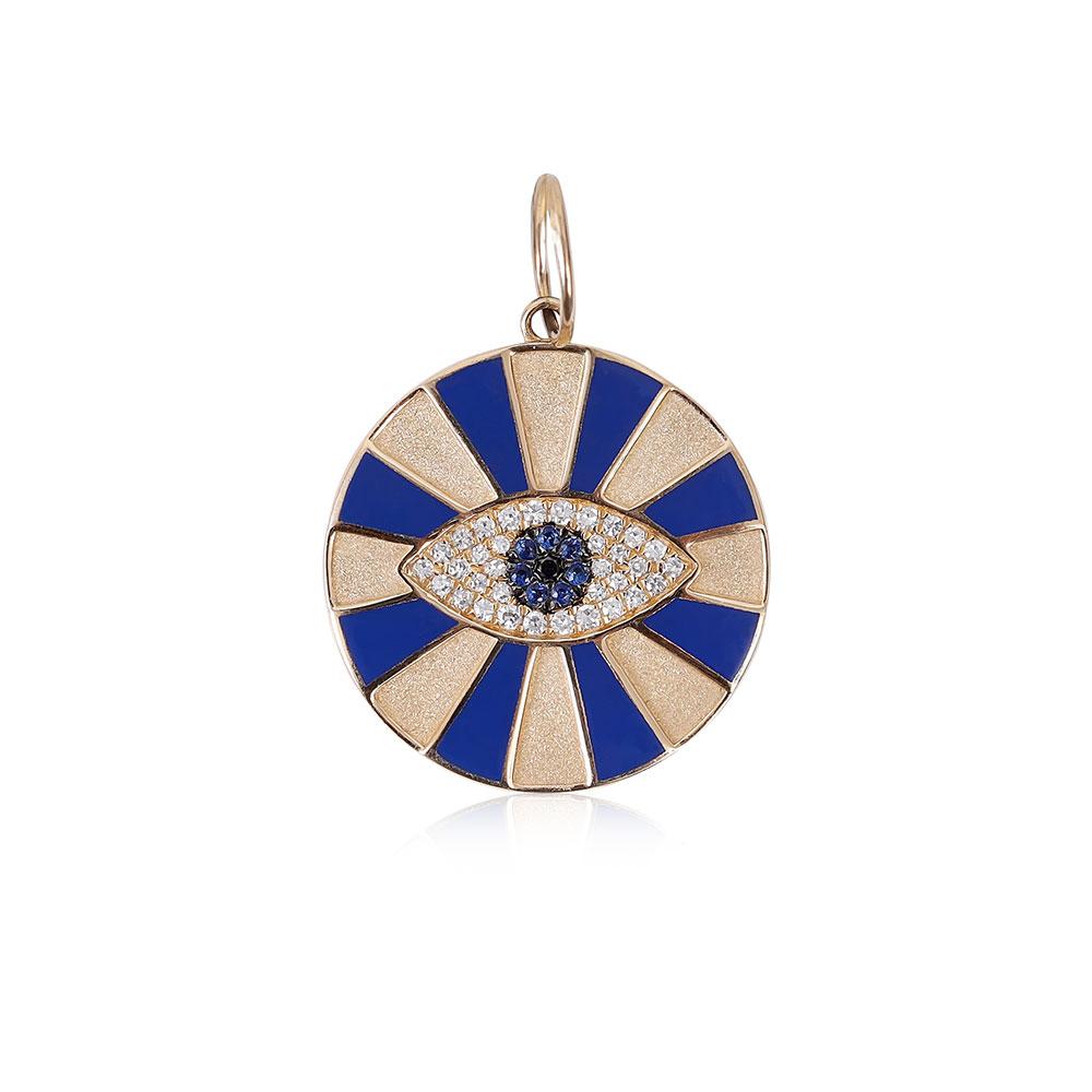 14K YELLOW GOLD BLUE LAPIS AND DIAMOND EVIL EYE MEDALLION