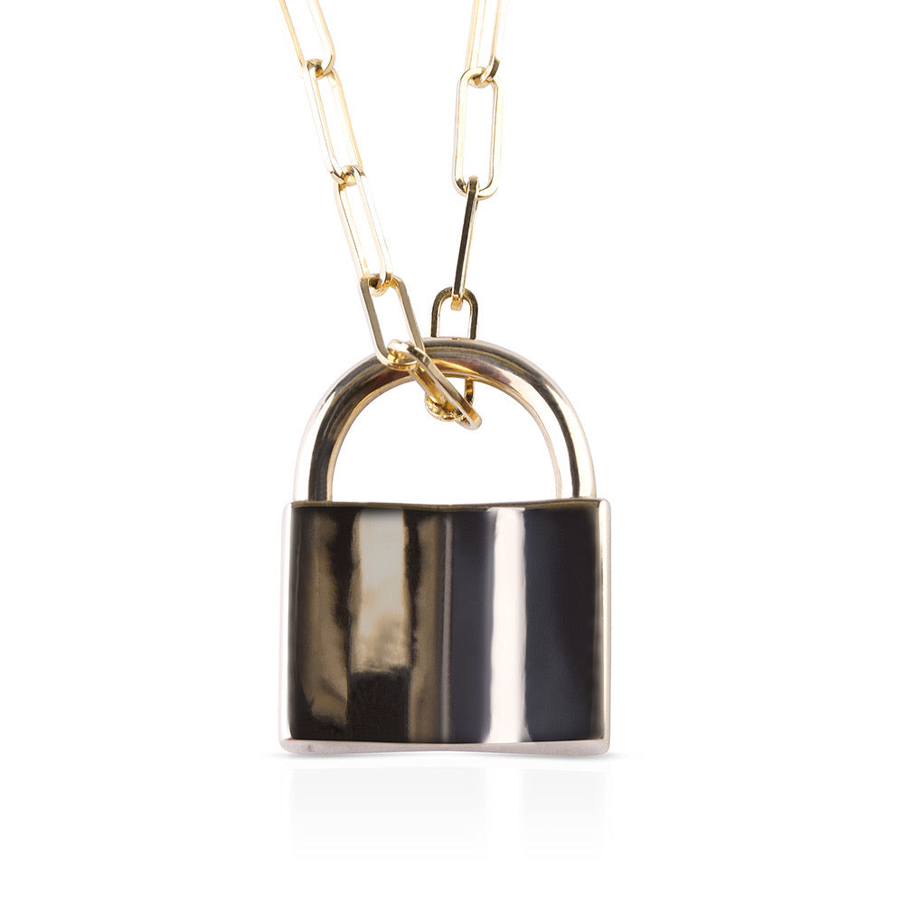 SOLID 14K GOLD LOVE LOCK ON SIGNATURE PAPERCLIP CHAIN