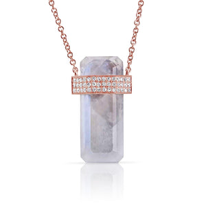 14K ROSE GOLD MOONSTONE CRYSTAL NECKLACE WITH TRIPLE DIAMOND BAND