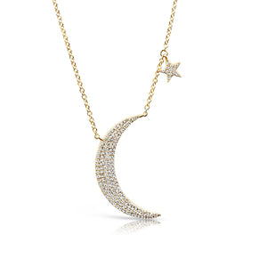 14K GOLD DIAMOND MOON AND STAR NECKLACE