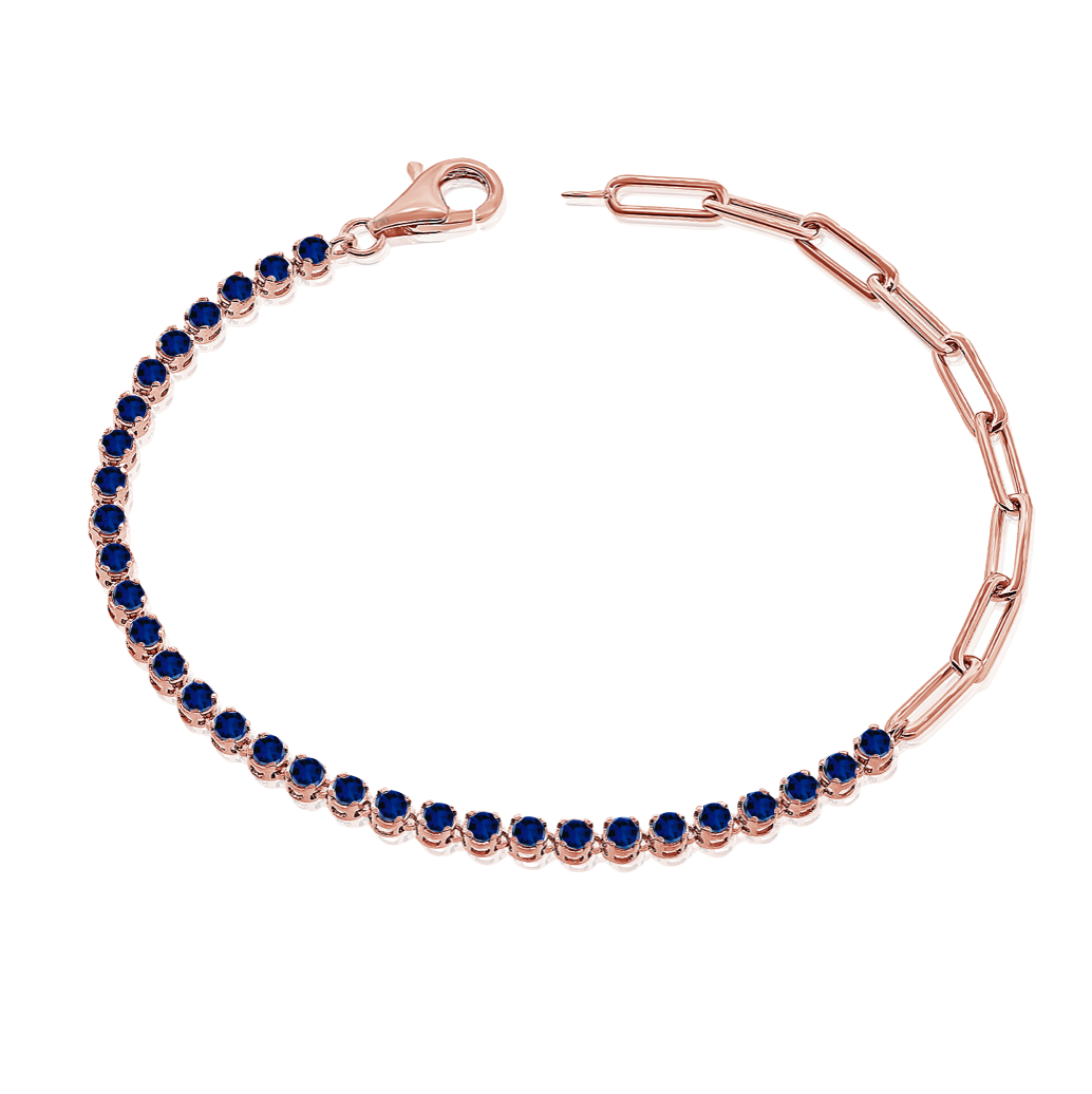 14K Rose Gold Half Blue Sapphire Tennis and Paperclip Chain Bracelet