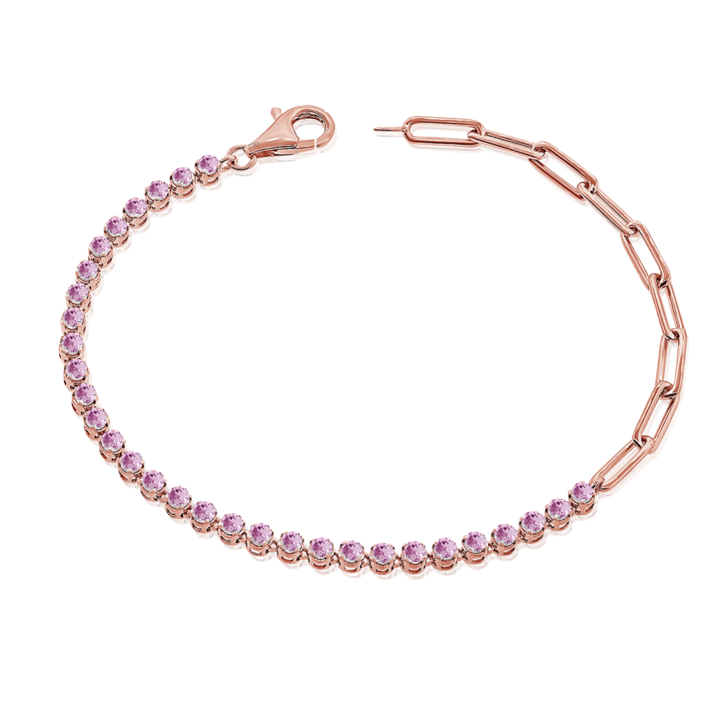 14K Rose Gold Half Pink Sapphire Tennis and Paperclip Chain