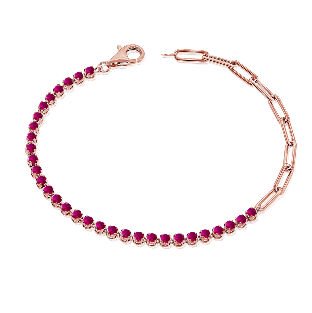 14K Rose Gold Half Red Ruby Tennis and Paperclip Chain Bracelet