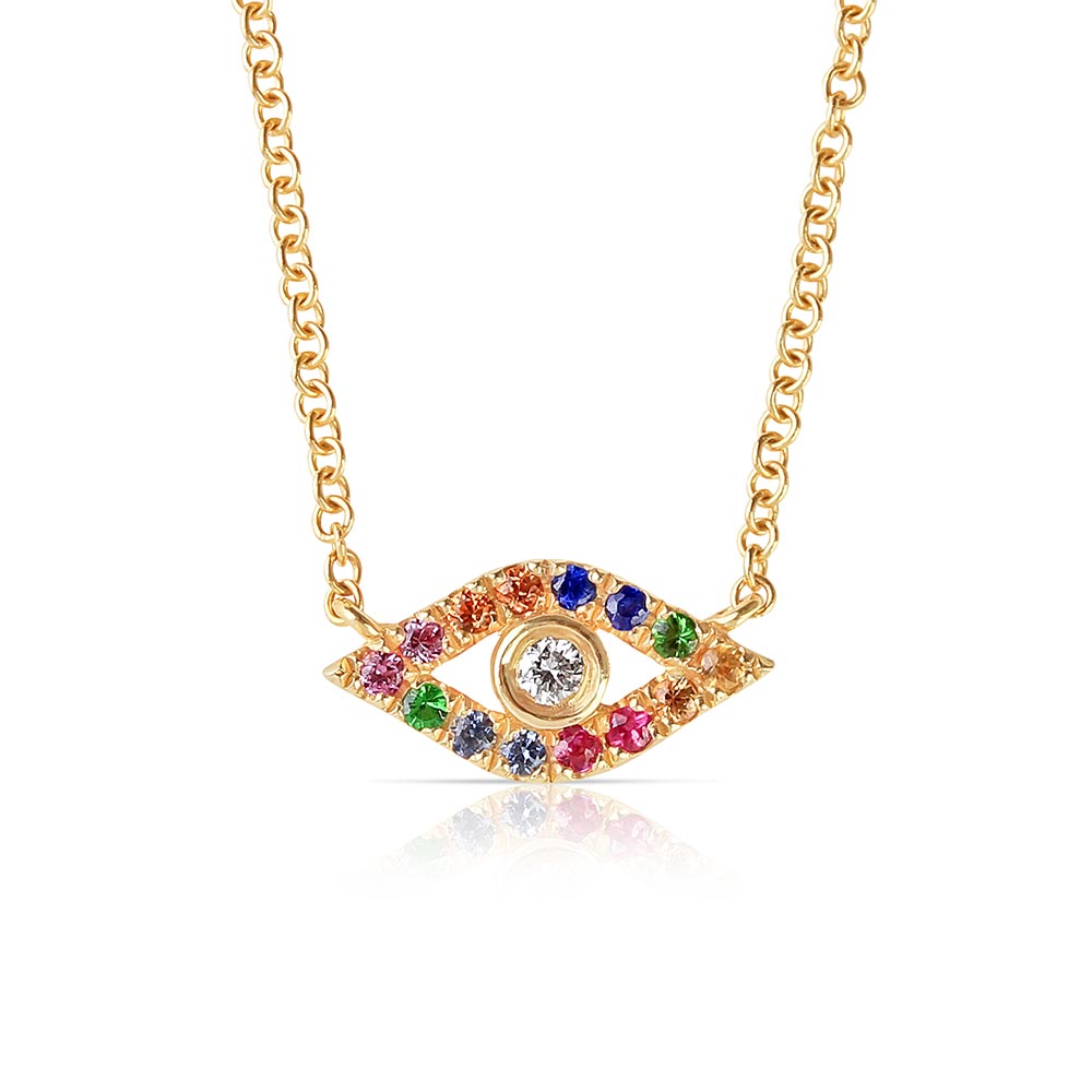 Rainbow sapphire evil eye necklace with diamond eye