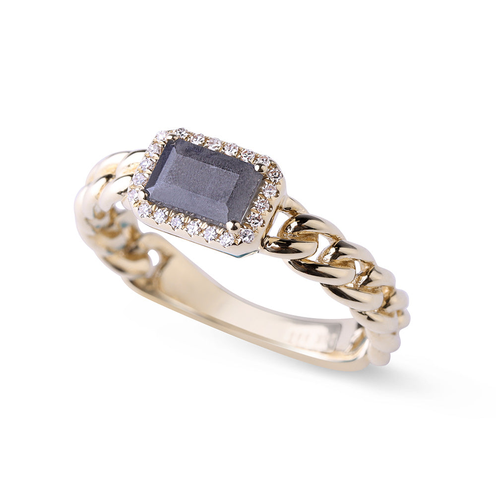 14K Gold Labradorite and Pavé Diamond Chain Link Ring