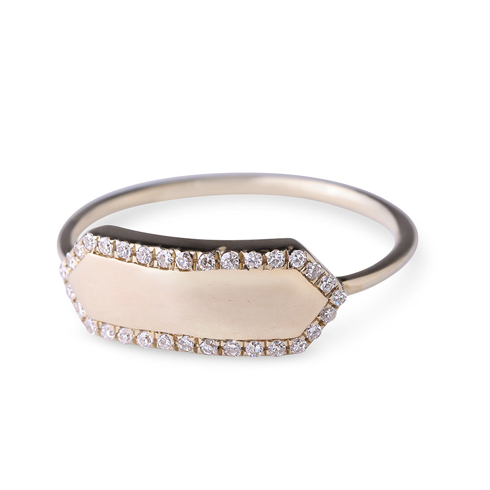 14K Gold Nameplate Ring with Pavé Diamond Edging