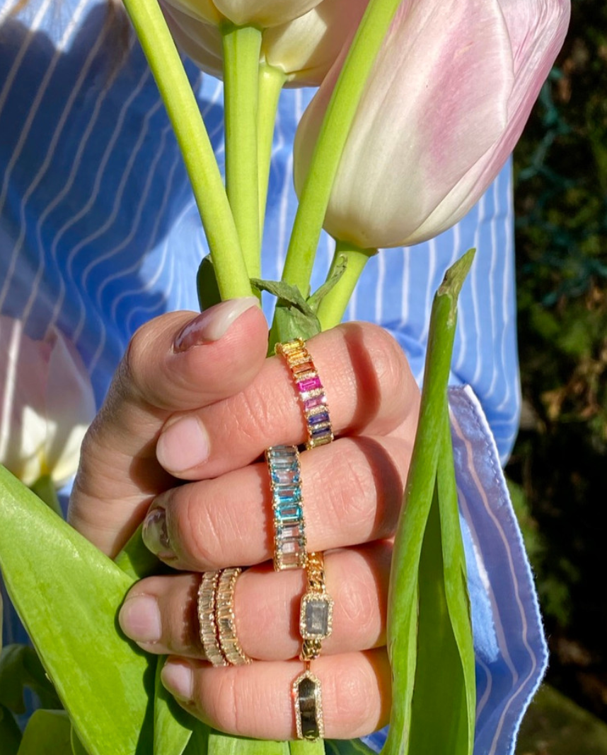 RAINBOW SAPPHIRE EMERALD CUT WITH DIAMOND ETERNITY BAND