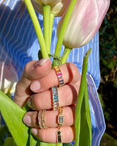 RAINBOW SAPPHIRE EMERALD CUT WITH DIAMOND ETERNITY BAND
