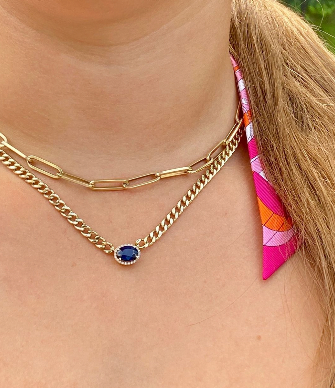 14K GOLD BLUE SAPPHIRE & DIAMOND CUBAN LINK NECKLACE