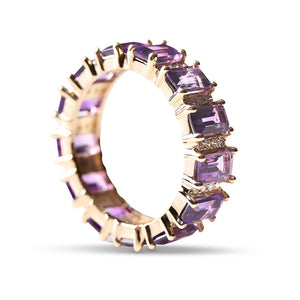 YELLOW GOLD EMERALD CUT AMETHYST WITH DIAMONDS ETERNITY BAND RING