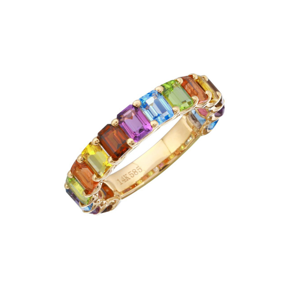 SMALL YELLOW GOLD RAINBOW EMERALD CUT 3/4 BAND