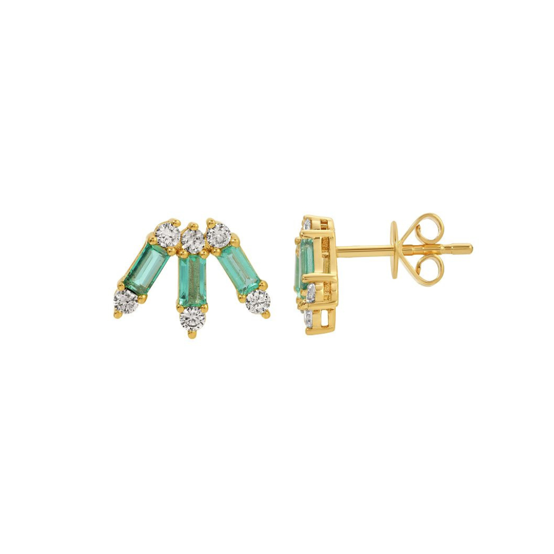 BAGUETTE EMERALD AND DIAMOND CROWN STUDS