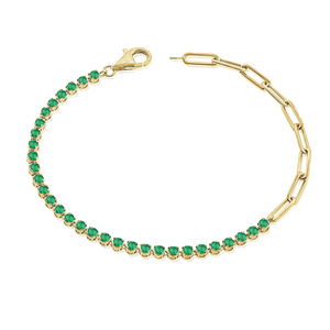 14K Yellow Gold Half Emerald Tennis and Paperclip Chain Bracelet