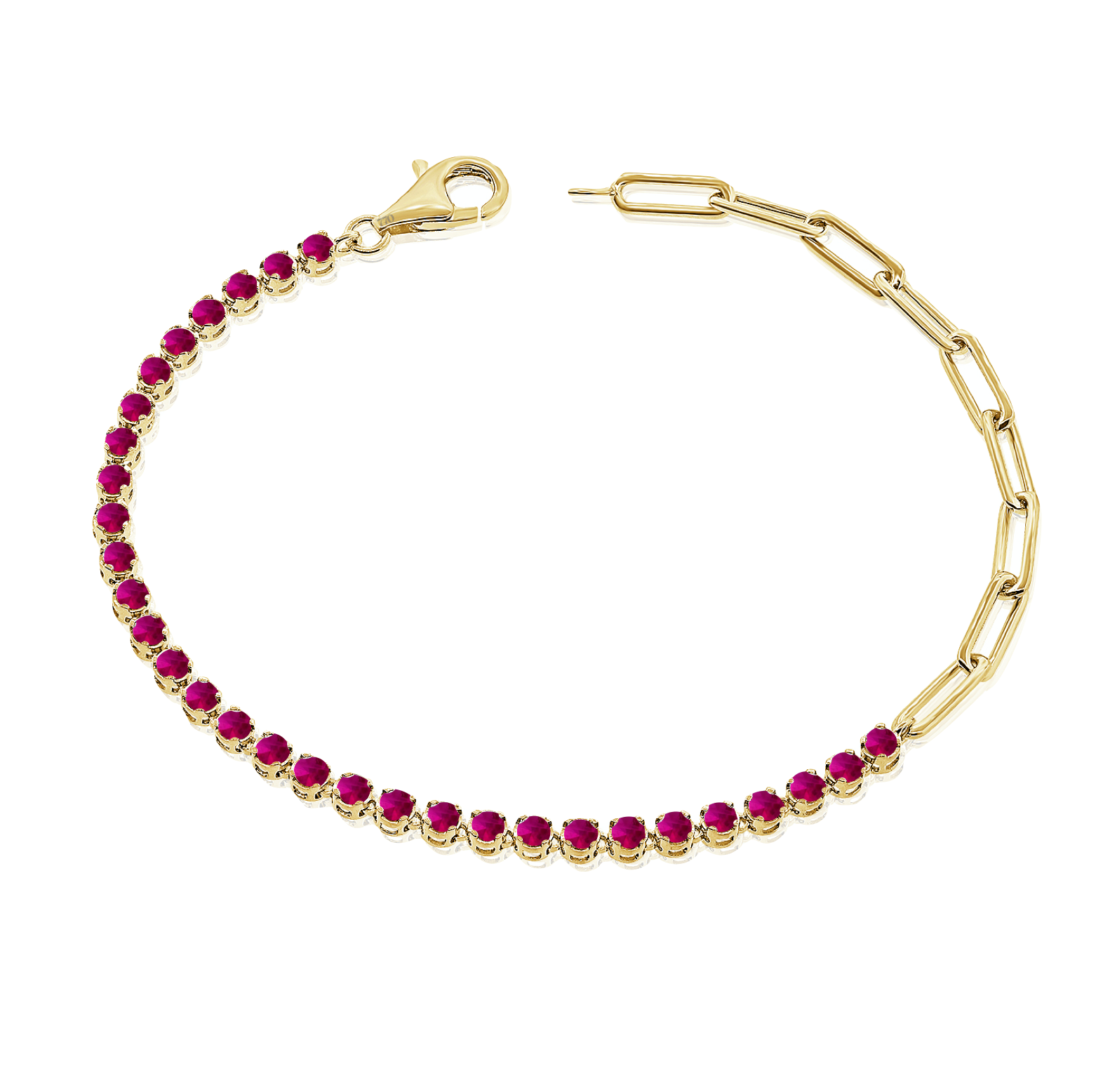 14K Yellow Gold Half Red Ruby Tennis and Paperclip Chain Bracelet