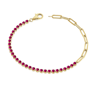 14K Yellow Gold Half Red Ruby Tennis and Paperclip Chain Bracelet